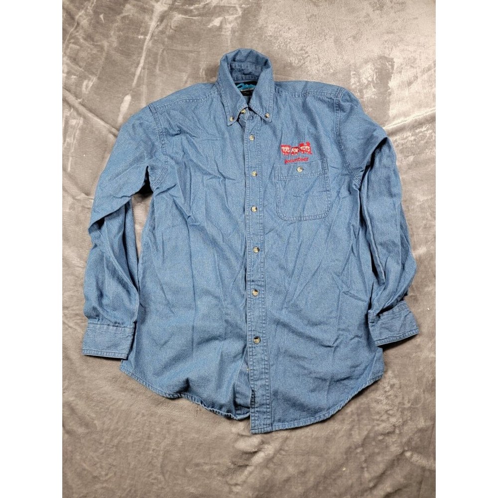 Toys for Tots Volunteer Tri-Mountain Denim Blue Button up Shirt sz Small
